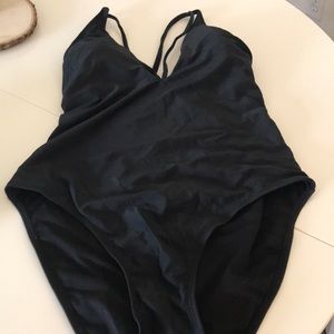Black one piece swimsuit with criss cross tie back